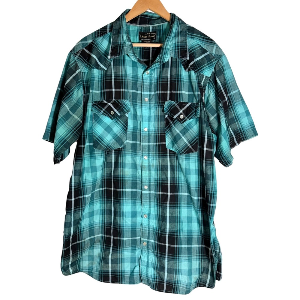 Vintage High Noon Men's Short Sleeve Plaid Pearl Snap Western Shirt Blue XL Tall
